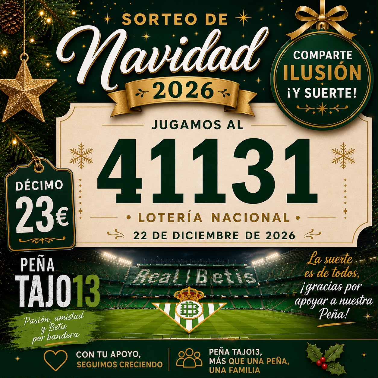Sorteo de Navidad 2026 de la Peña Tajo 13. Décimo número 41131, precio 23 euros